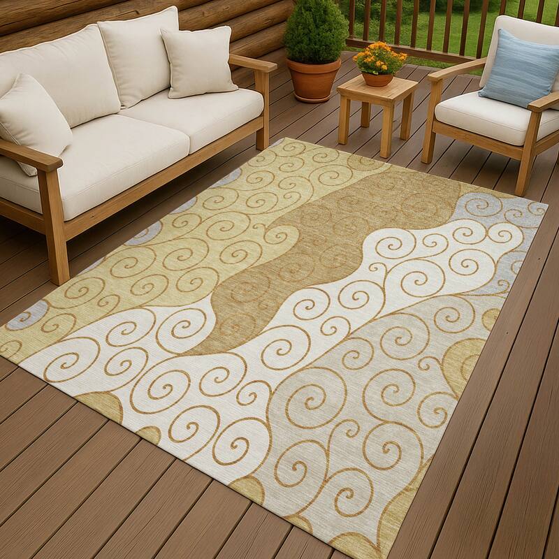 Machine Washable Indoor/ Outdoor Swirly Chantille Rug - Gold - 5' x 7'6"