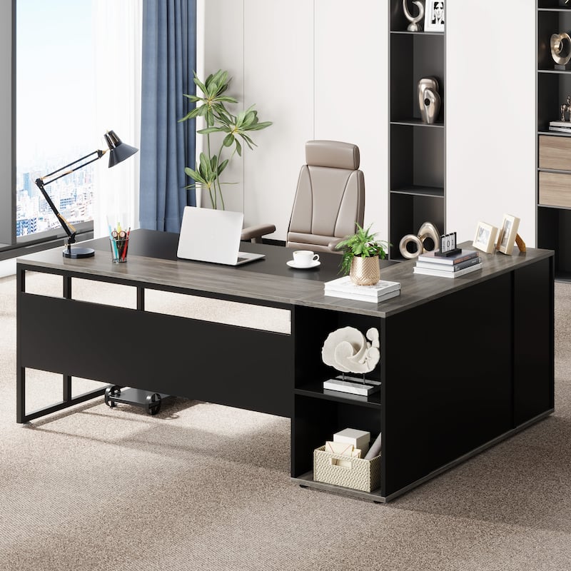 71 inch L Shaped Executive Desk with Cabinet, Corner Computer Desk (Rustic Brown)