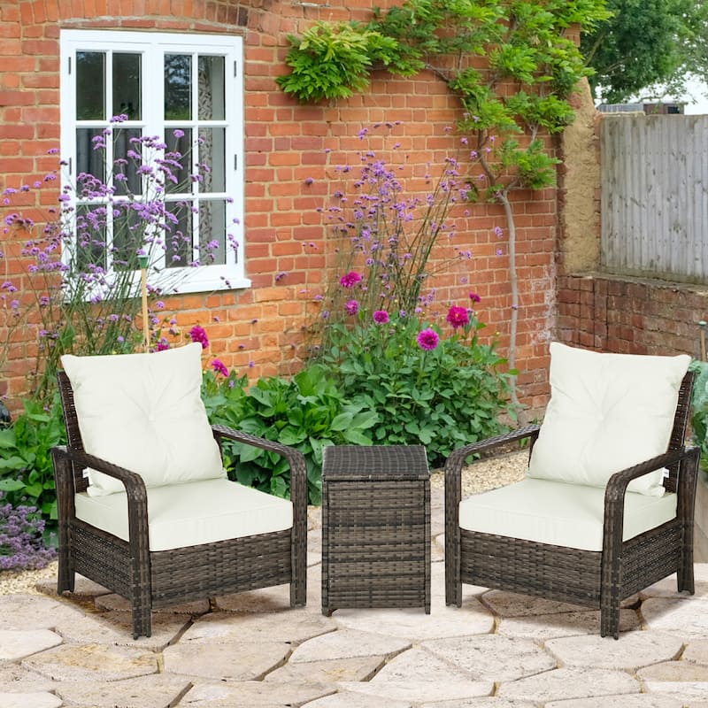 Outsunny 3 Piece PE Rattan Wicker Bistro Set with Cushions, Conversation Furniture Set for Backyard, Garden, Patio