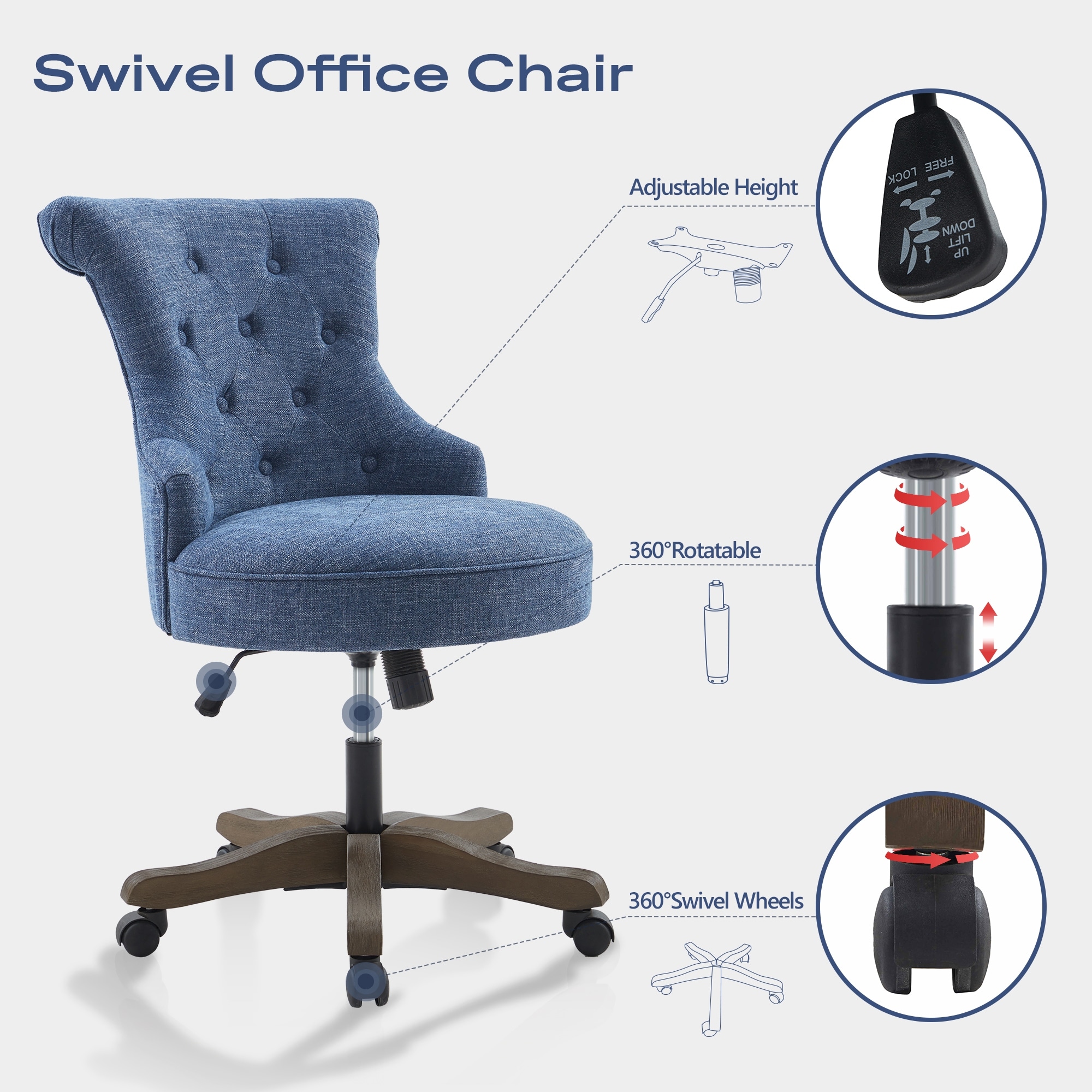 HUIMO Office Chair with Wheels Beige Blue Grey Adjustable Height