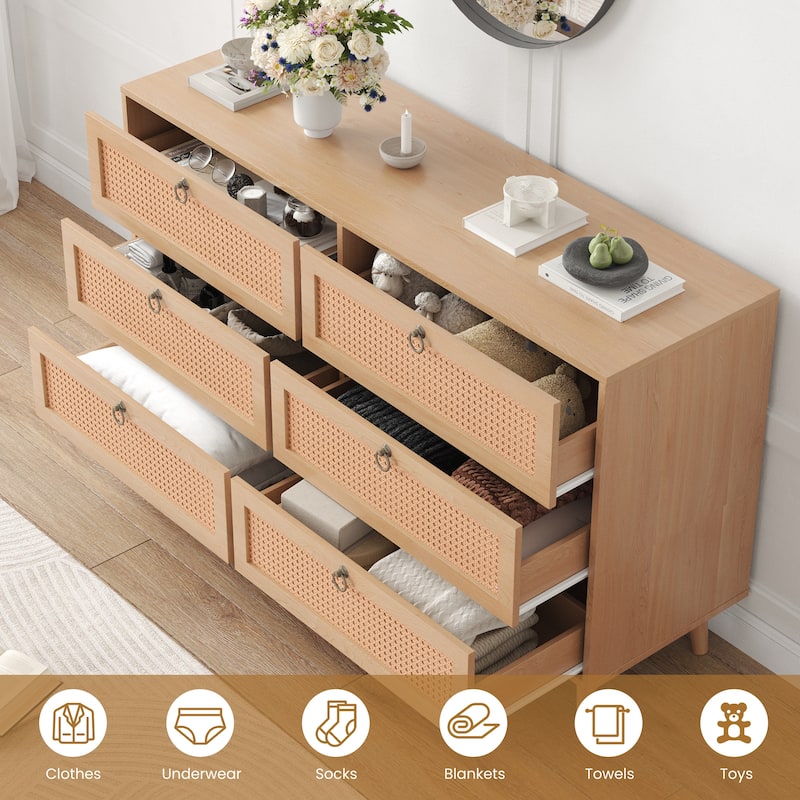 PE Rattan Double Dresser with 6 Drawers, Chest of Drawers Bedroom Storage Organizer