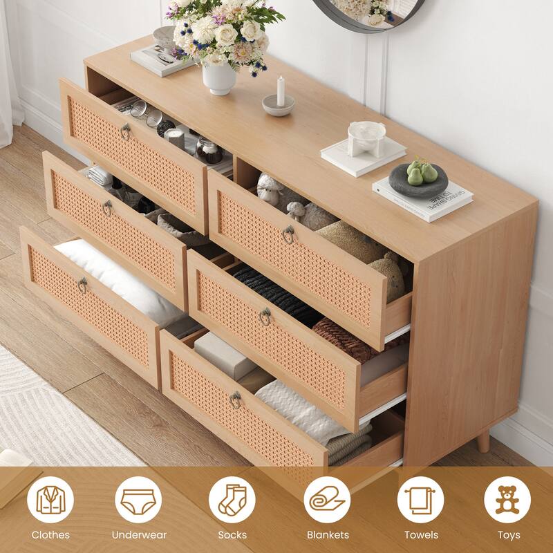 Rattan 6 Drawer Double Dresser for Bedroom, Chest of Dressers, Modern Dresser Drawer Chest