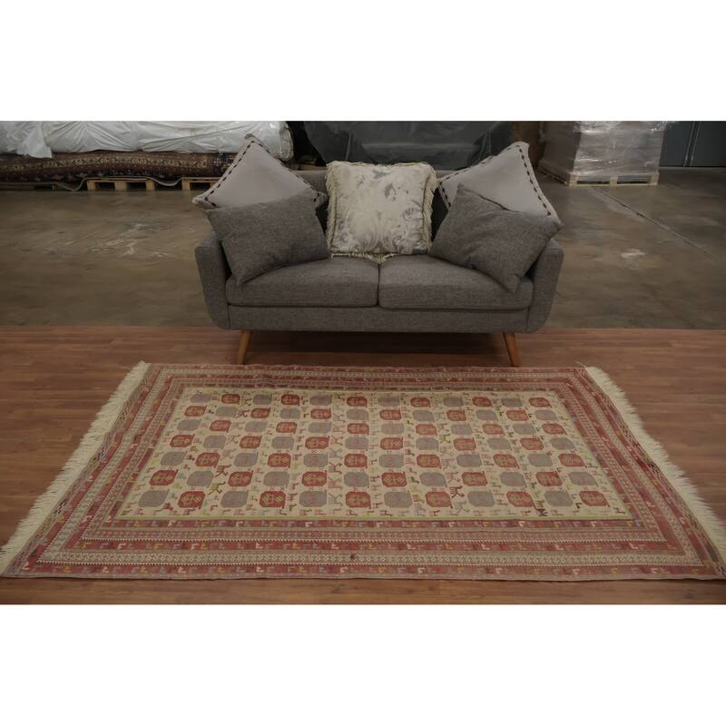 Hand Woven Oriental 100% Wool Carpet Traditional Tribal Beige & Ivories Sumak Area Rug - 7' 1'' X 4' 6''
