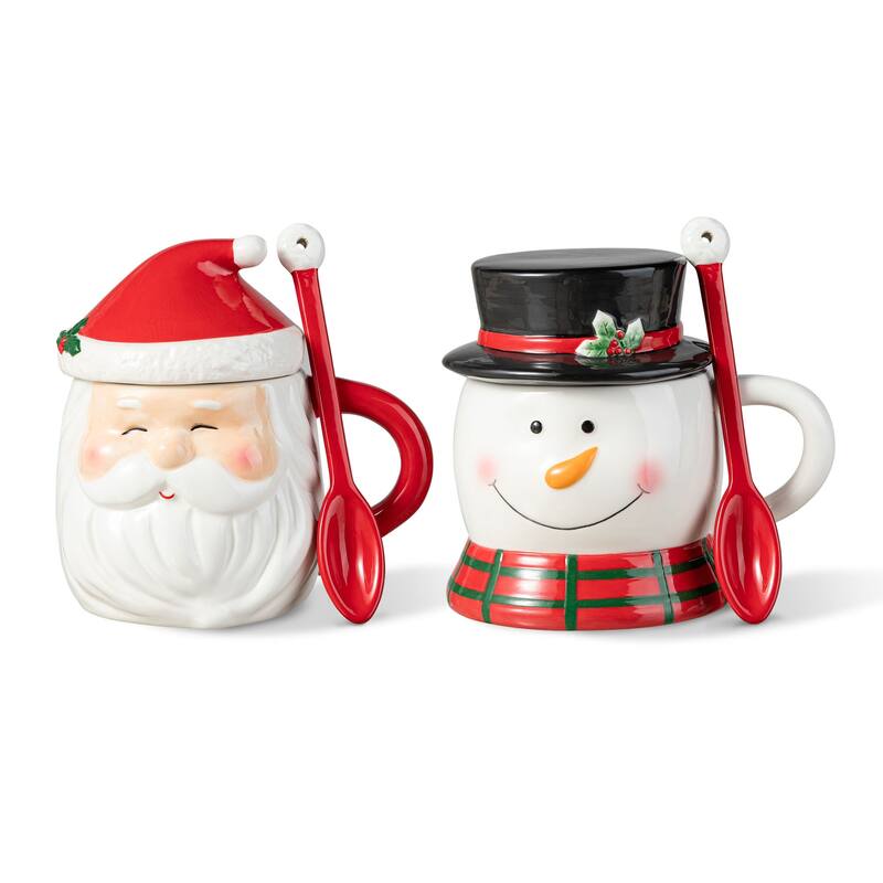 Glitzhome Christmas Dolomite Santa & Snowman or Tree Mug with Lid and Spoon