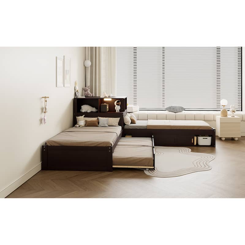 Roomfitters Twin L-Shaped Platform Bed with Trundle, Storage Cabinets and LED Desk