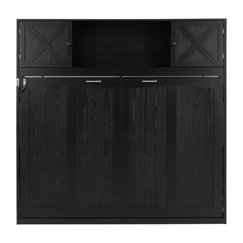 Full Size Murphy Bed with Storage Cabinets, Modern Design Folding Bookcase Bed Frame with Open Shelf
