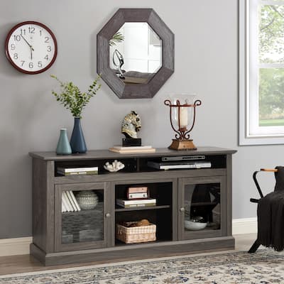 Black + Dark Walnut 60" Modern TV Stand with Shelves & Glass Cabinets for TVs Up to 65"