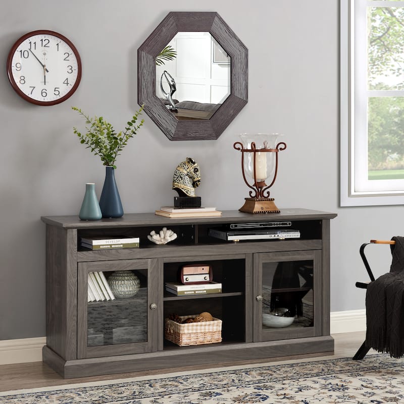 Black + Dark Walnut Modern 60" TV Stand with Open Shelves and 2 Glass Doors Cabinet for TVs Up to 65" - Black + Dark Walnut