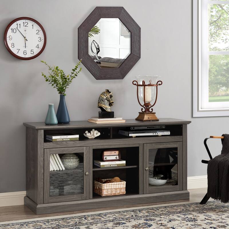 Contemporary TV Media Stand Modern Entertainment Console for TV Up to 65", Open and Closed Storage Space, Dark Walnut/Black
