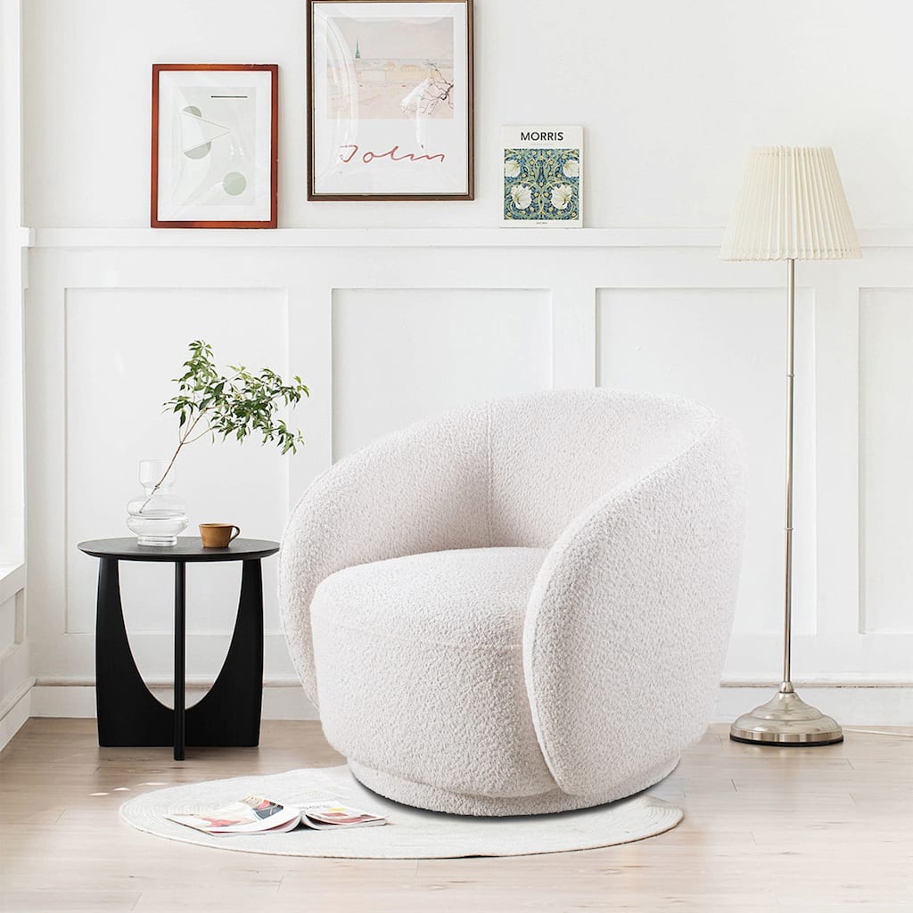 Modern Swivel Boucle Accent Chair Barrel Chair with Curved Back and Solid Wood Frame, Single Lounge Sofa Chair