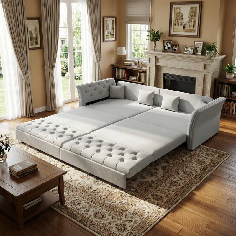 Homy Casa 100"/74" Oversize 4-Seater Convertible Pull Out Sofa Bed with Flower Tufted Velvet - 4-Grey