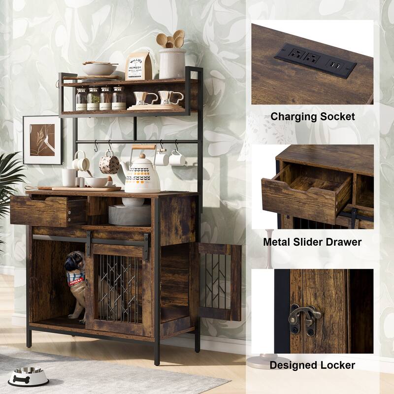 Rustic 2-in-1 Dog Crate & Side Cabinet Organizer: Hutch-Style Kitchen Storage with Kennel, Cupboard, and Drawers‌