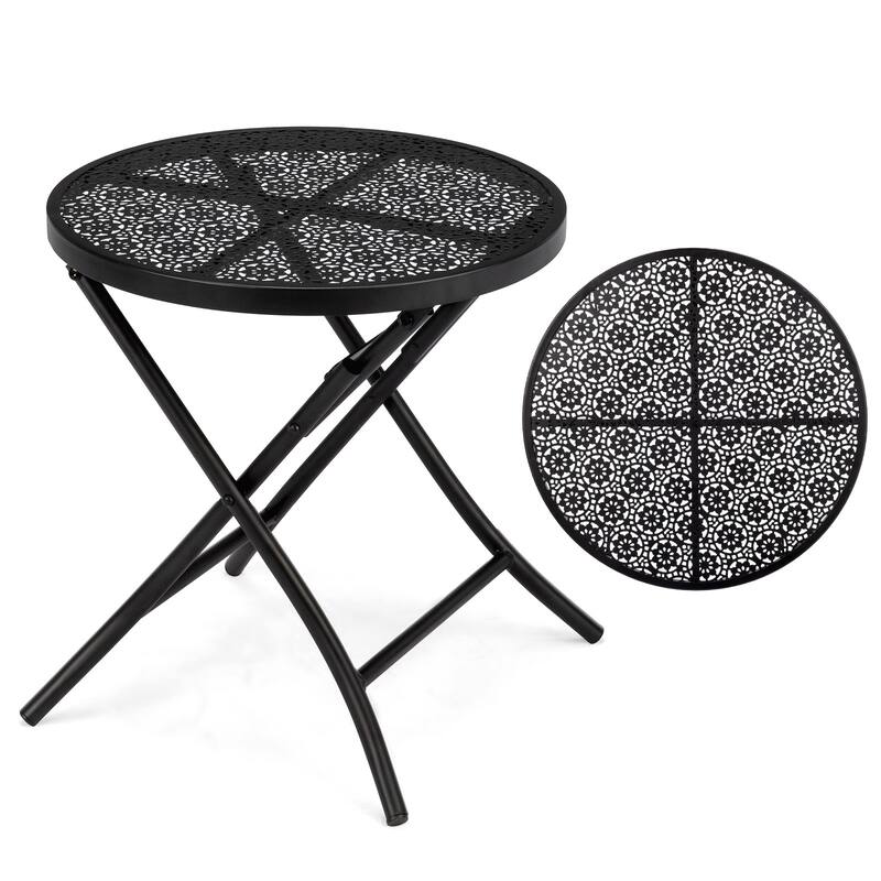 Black Iron Folding Patio Side Table with Flower Cutout Design - 18.1 x 18.1 x 18.7 in