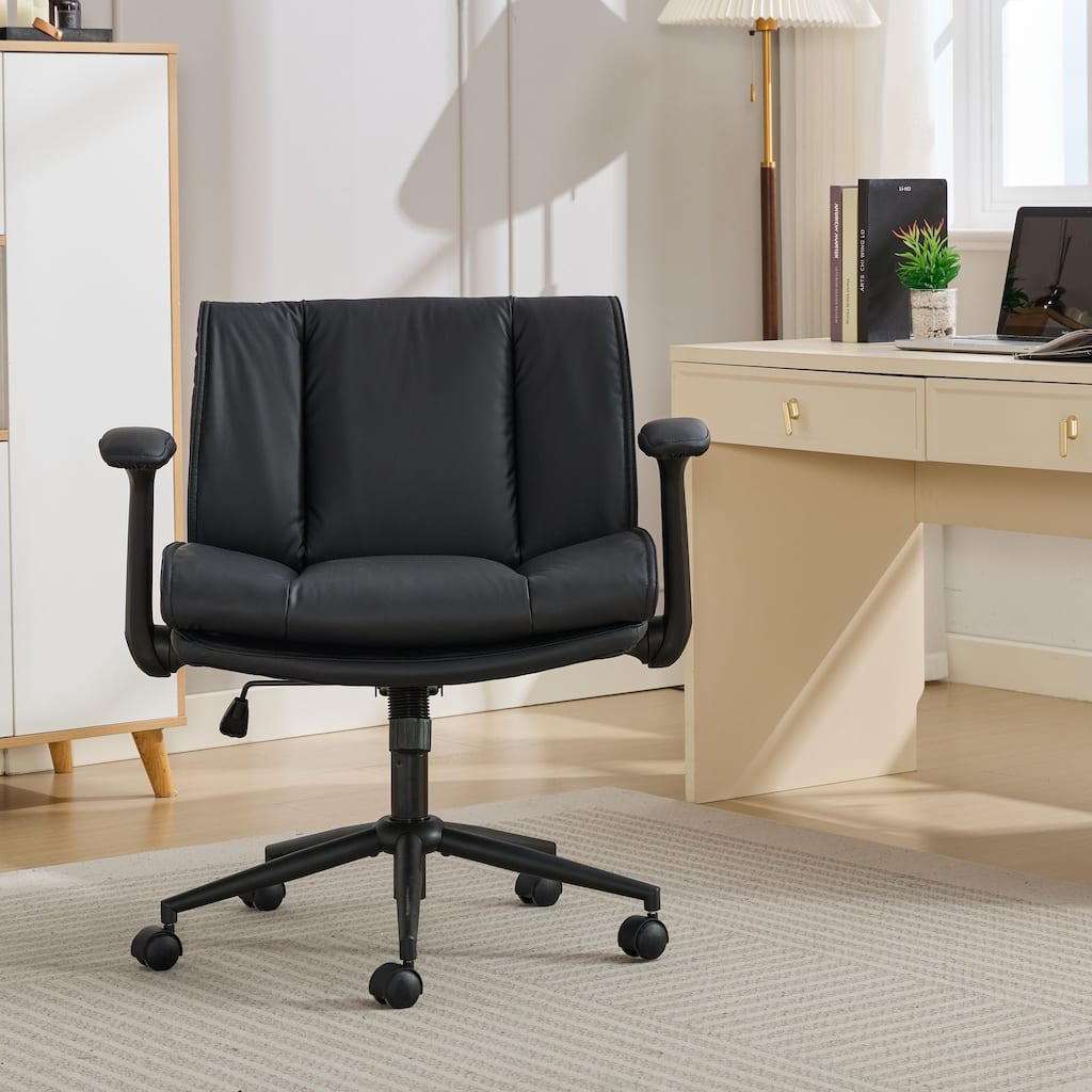 Black Leather Office Chair with Crossed Legs & Flip-Up Armrests