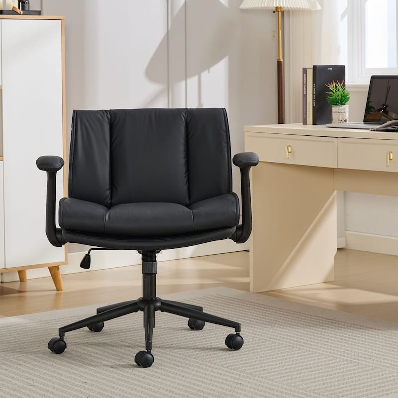 Black Leather Office Chair with Crossed Legs & Flip-Up Armrests - Black