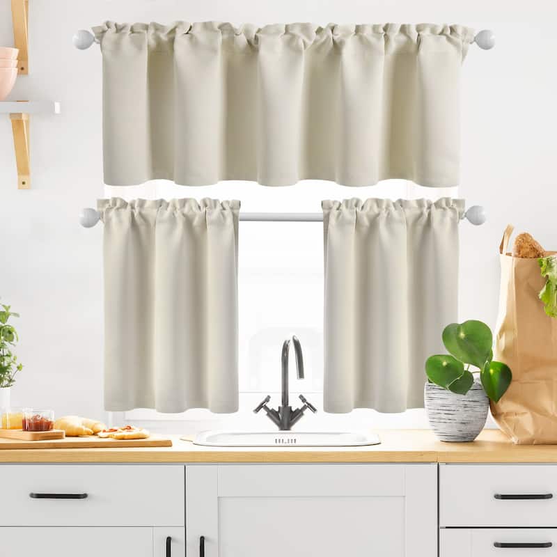 Rod Pocket Kitchen Curtain Valance and Tiers Set - 52x18+26x30 - Beige
