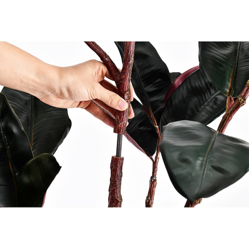 4 ft. Artificial Rubber Tree, Faux Green Plant with Bendable Branches in Black Cement-Filled Nursery Pot, Low Maintenance