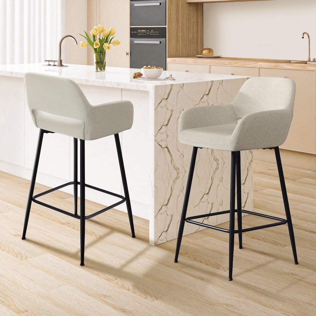 Modern Upholstered 26" Counter Bar Stool with Steel Legs Set of 2 Beige