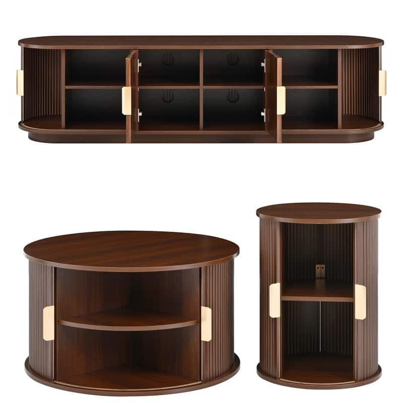 Mid Century Modern 74.8" TV Stand & Coffee Table Set for TVs up to 75", Wooden Media Console with Fluted Sliding Doors