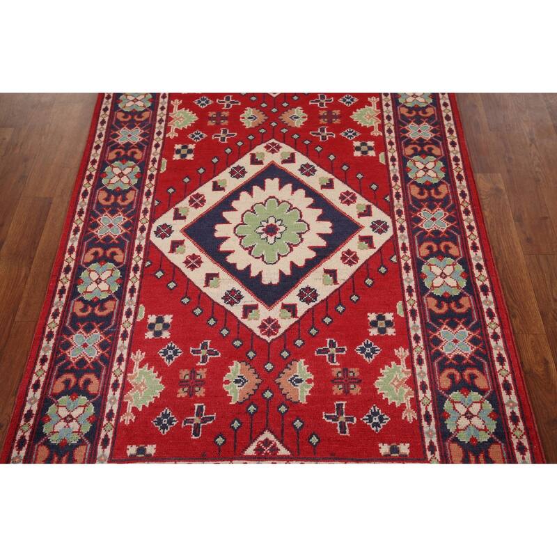 Geometric Red Kazak Oriental Foyer Rug Hand-Knotted Wool Carpet - 3'3" x 4'9"