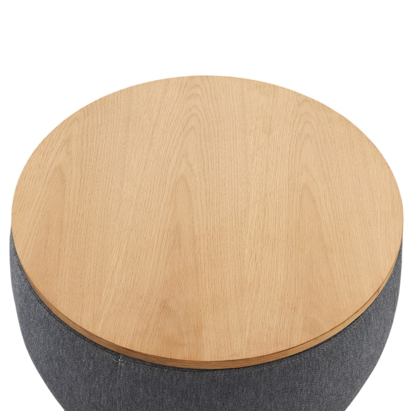 HomeRoots 26" Dark Gray and Natural Fabric And Wood Reversible Tray Top Round Storage Ottoman