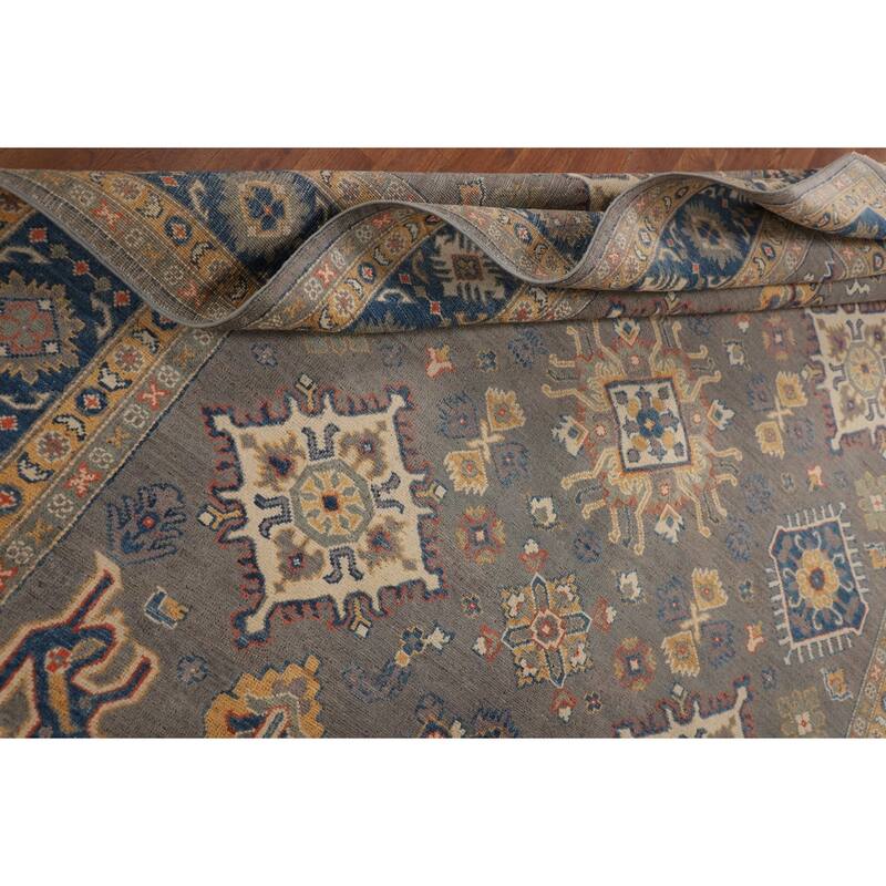 Hand Knotted Oriental 100% Wool Carpet Traditional Geometric Greys & Charcoal Kazak Area Rug - 9' 9'' X 6' 5''
