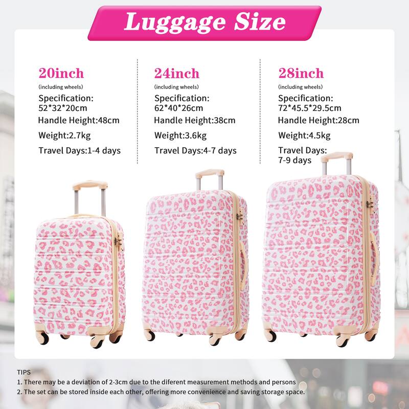 3-Piece, Modern Luggage Sets, Expandable Luggage with Silicone Handles and TSA Lock, for Boarding Travel, Pink Leopard