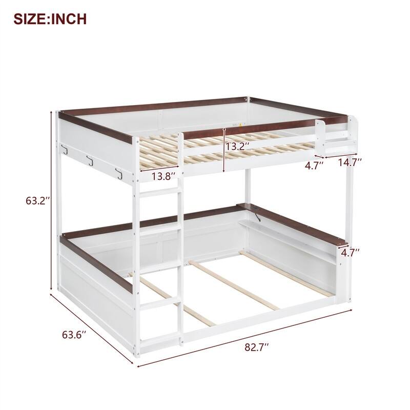 Queen Over Queen Bunk Bed with LED Light, Built-in Shelves and Storage Box, Solid Wood Bunk Bedframe with USB Charging Station