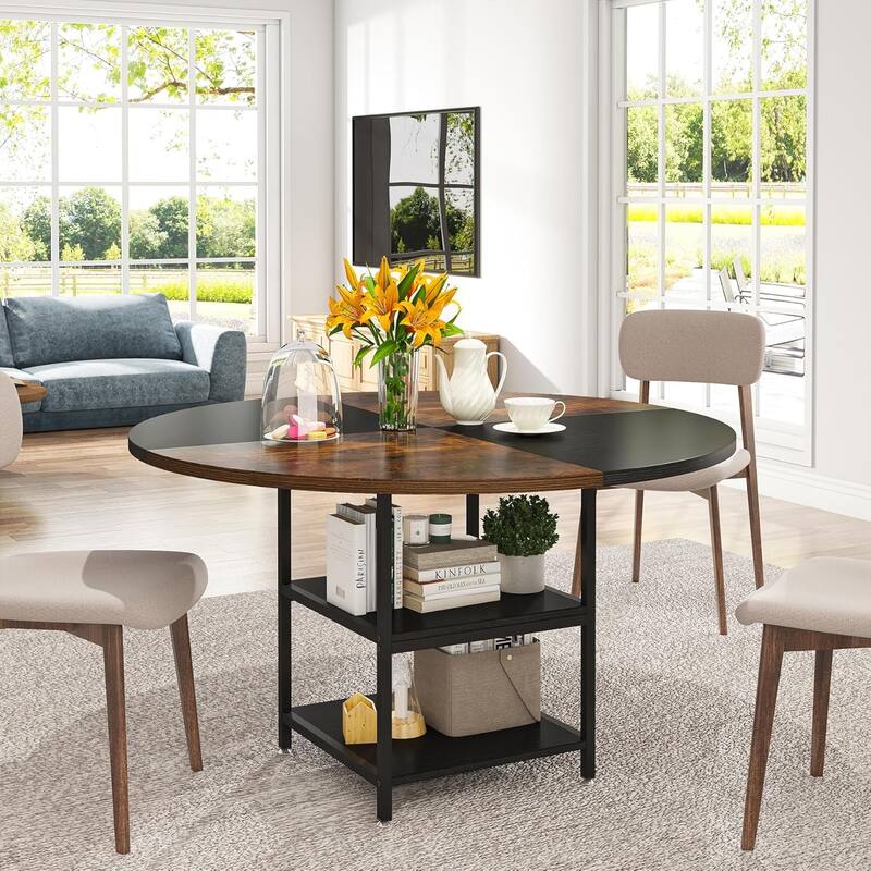 47-Inch Round Wood Dining Table for 4 With Storage Shelf Large Kitchen Table for Home Dining/Living Room