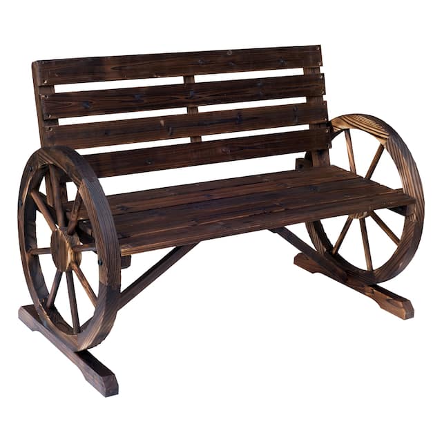 Outsunny Rustic Outdoor Patio Wagon Wheel Wooden Bench Chair, for your Garden, Patio, or Entryway
