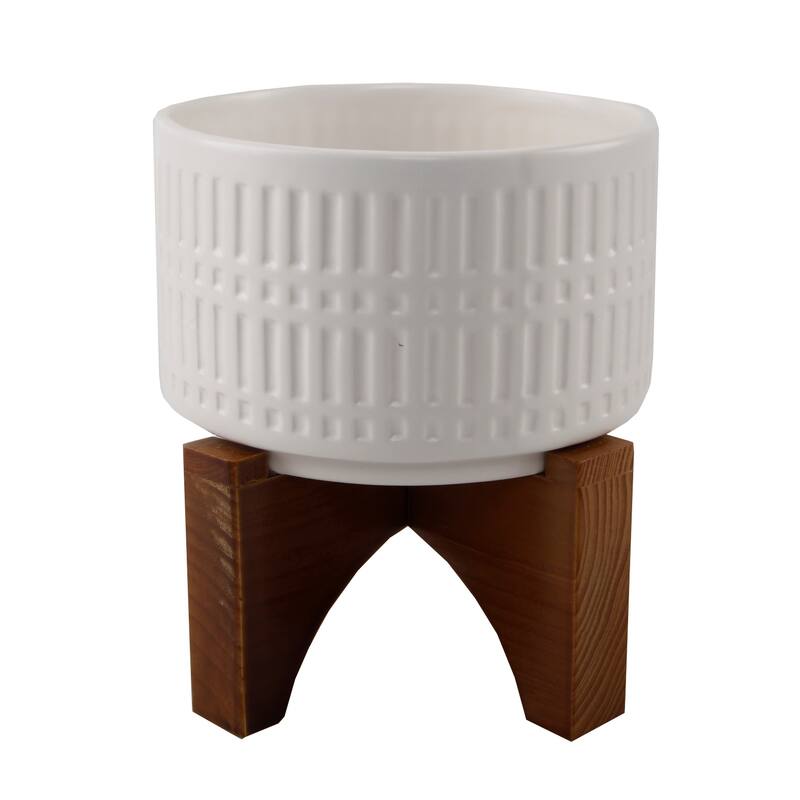 Mid-Century 7" Roman Ceramic Pot on Wood Stand - White