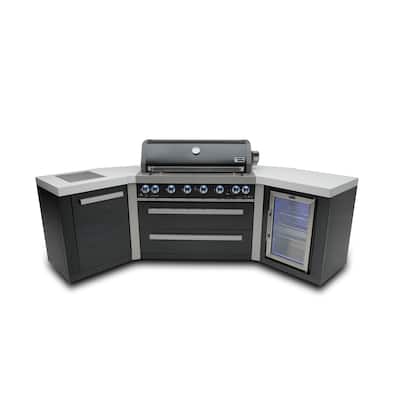 Mont Alpi MAi805-BSS45FC 6-Burner U-Shaped 45° Corner Black Stainless Steel Outdoor Kitchen Island Grill with Fridge Cabinet