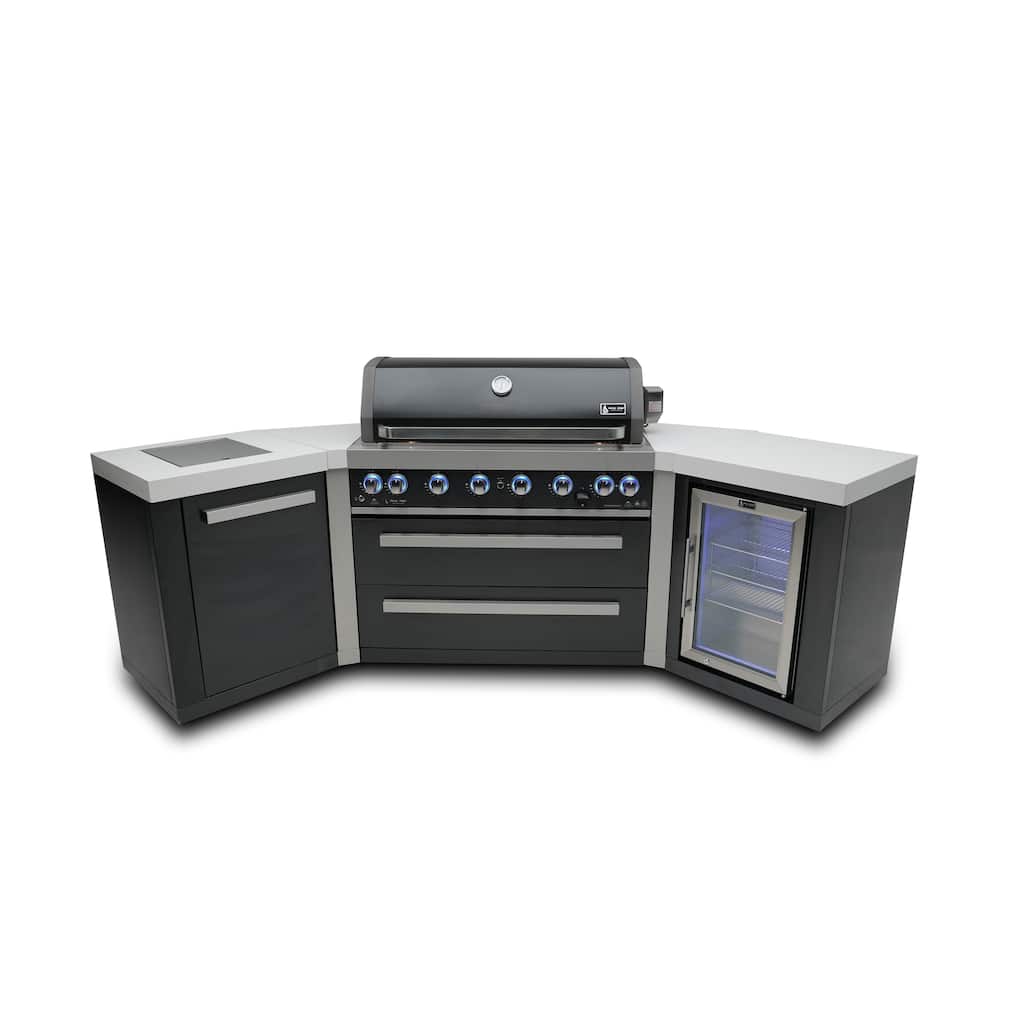 Mont Alpi MAi805-BSS45FC 6-Burner U-Shaped 45° Corner Black Stainless Steel Outdoor Kitchen Island Grill with Fridge Cabinet
