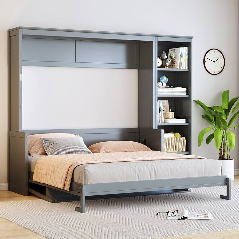 Murphy Bed Multifunctional & Space-Saving Folding Bed with a Desk and Side Storage Bookshelf No Box Spring Needed Suit AnyRoom - Grey - Queen