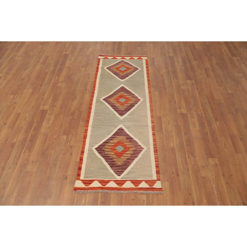 Hand Woven Oriental 100% Wool Carpet Southwestern Tribal Beige & Ivories Kilim Runner Rug - 5' 9'' X 2' 0''