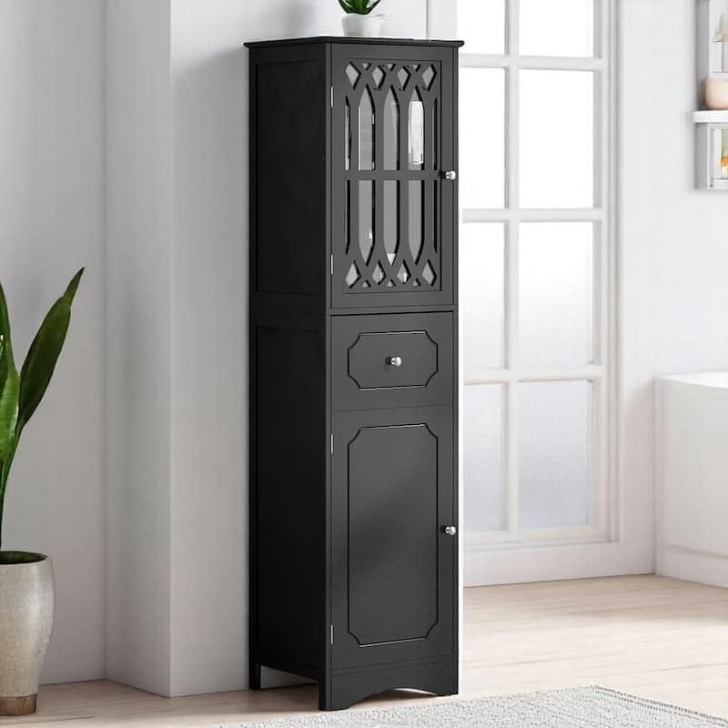 Freestanding Bathroom Storage Cabinet with 2 Doors and Drawer, Adjustable Shelf, Acrylic Panel, MDF Frame - Black