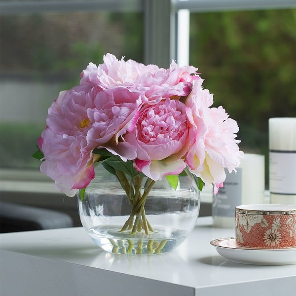 slide 1 of 16, Enova Home Artificial Silk Peony Fake Flowers Arrangement in Round Glass Vase with Faux Water - 10"H x 10"W Pink