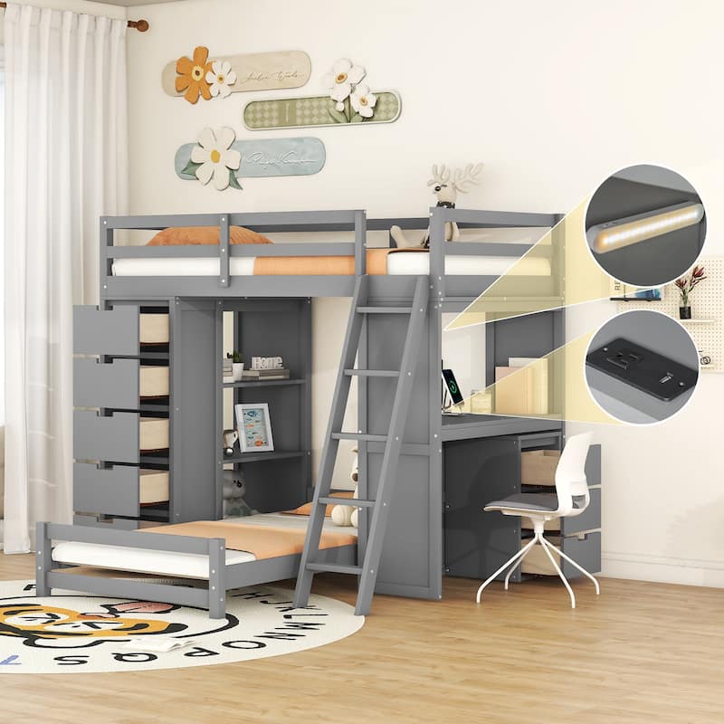 Twin Solid Wood Bunk Bed with LED & Desk - Gray