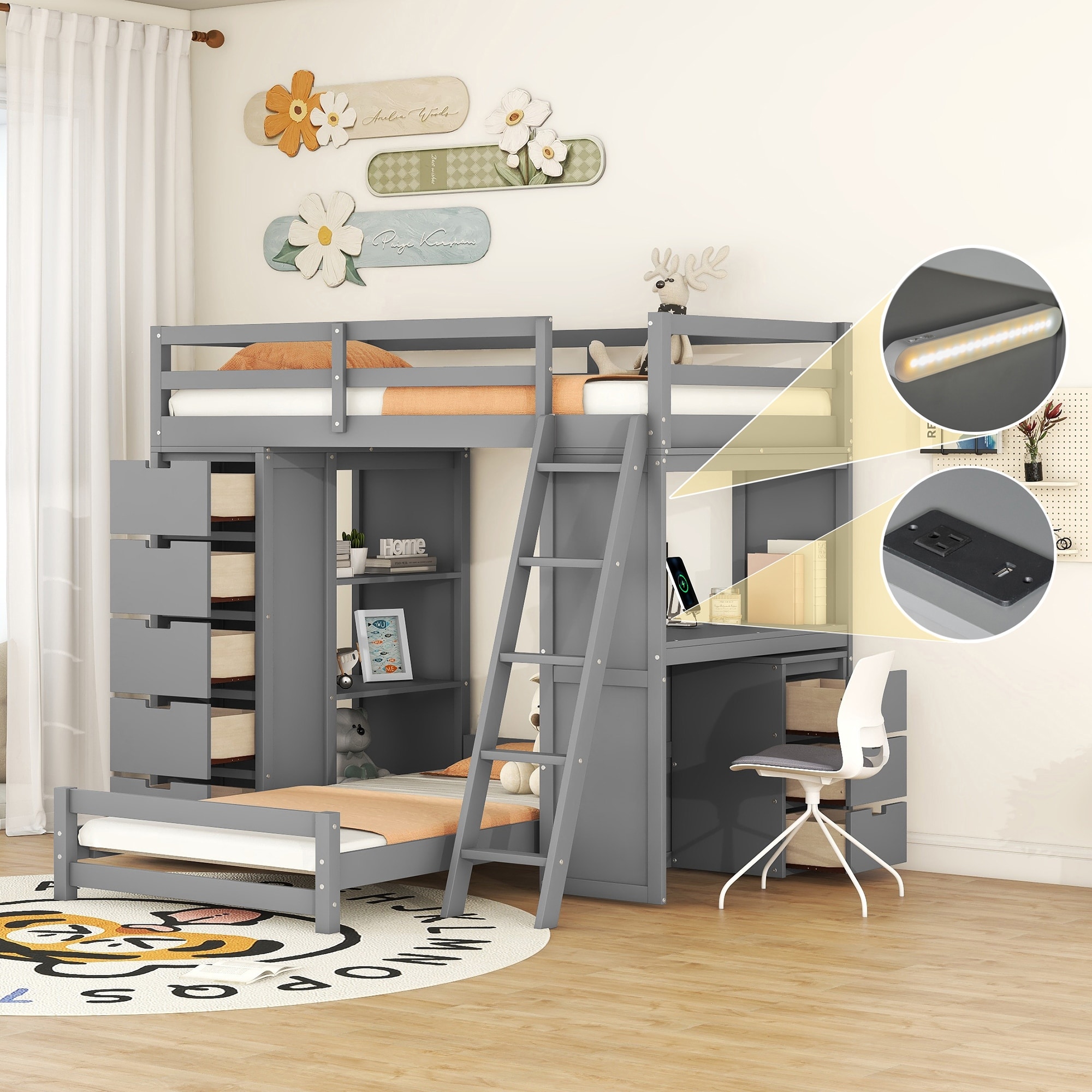 Twin over Twin Bunk Bed with All-in-One Desk and 8 Drawers & 3-tier Shelf, LED Light, USB Ports, Multi-Functional Loft Bed