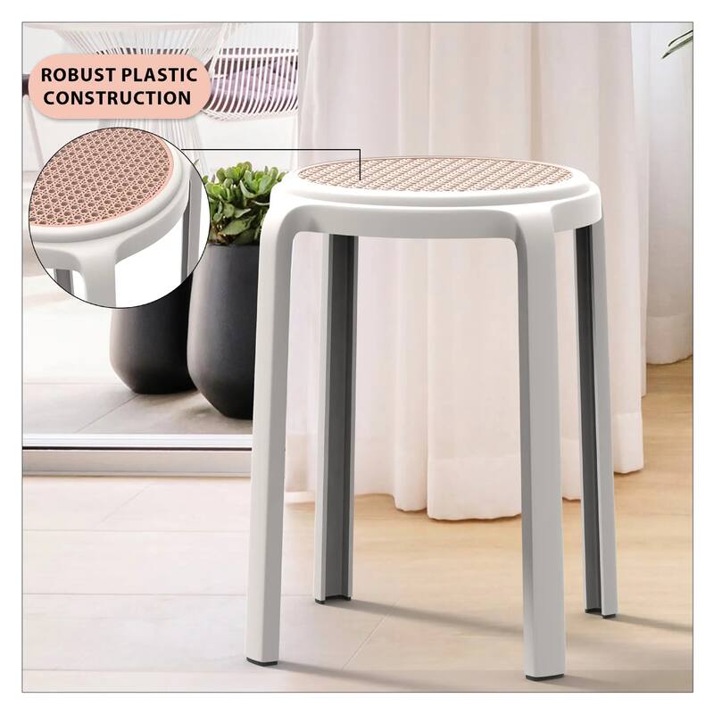 Tresse All-Weather Round Stackable Dining Stool with Wicker-Style Seat for Indoor, Outdoor, Patio, and Kitchen Set of 2