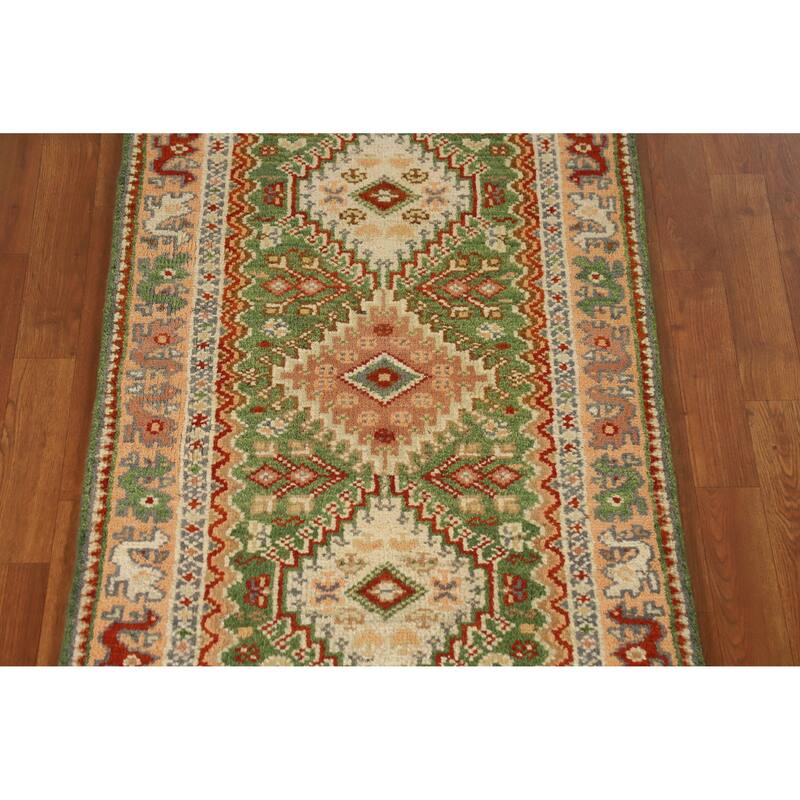 Geometric Heriz Serapi Indian Runner Rug Green Handmade Wool Carpet - 2'7" x 8'0"