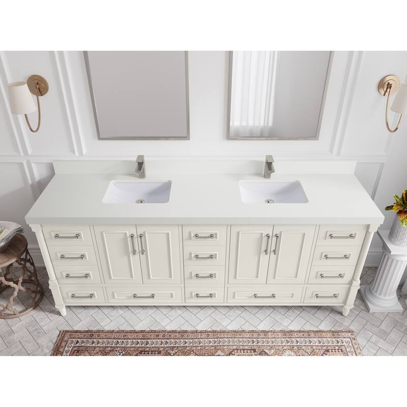 Willow Collections 84 in. W x 22 in. D Aberdeen Double Bowl Sink Bathroom Vanity with Countertop - 2" White Quartz - Ivory