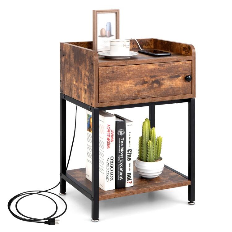 Lift Top End Table with Charging Station and Storage Shelves-Coffee - Rustic Brown-Black - 17" x 13" x 24" (L x W x H)