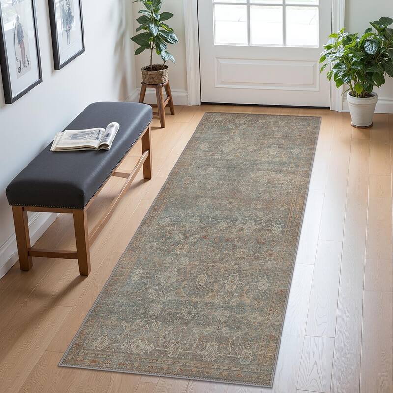 Mcow Vintage Floral Low-Pile Machine Washable Non-Slip Area Rug - 2'X10' - Grayish Blue  - Rectangle