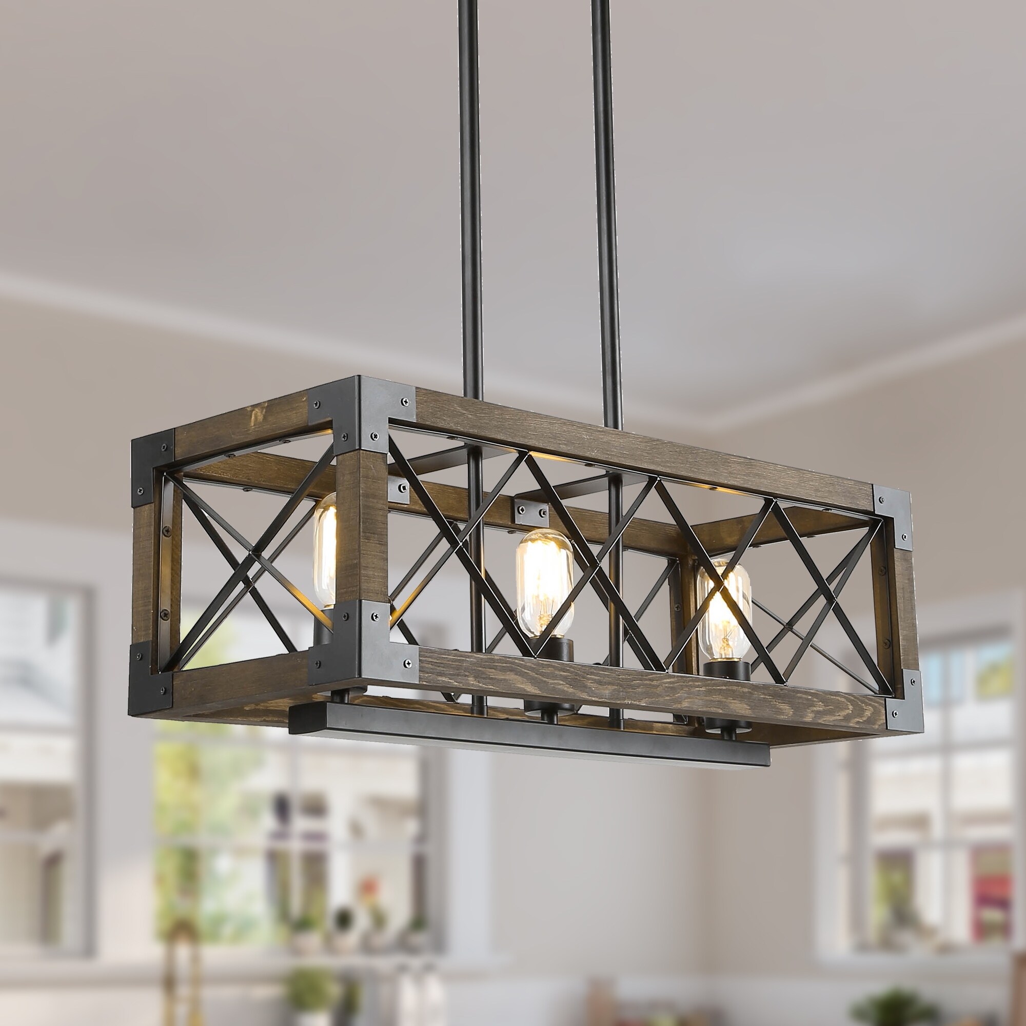 Rustic 3 Light Rectangle Metal Wood Chandelier Kitchen Island Pendant L23 5 Xw10 Xh10 Overstock 30261598
