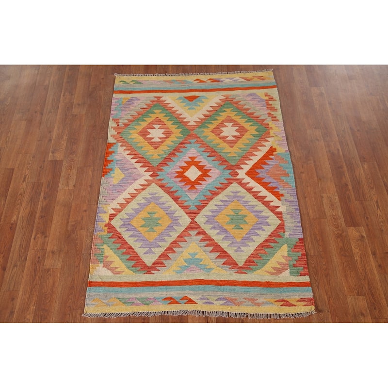 Reversible Kilim Area Rug Oriental Hand-Woven Wool Carpet - 3'4"x 5'1"