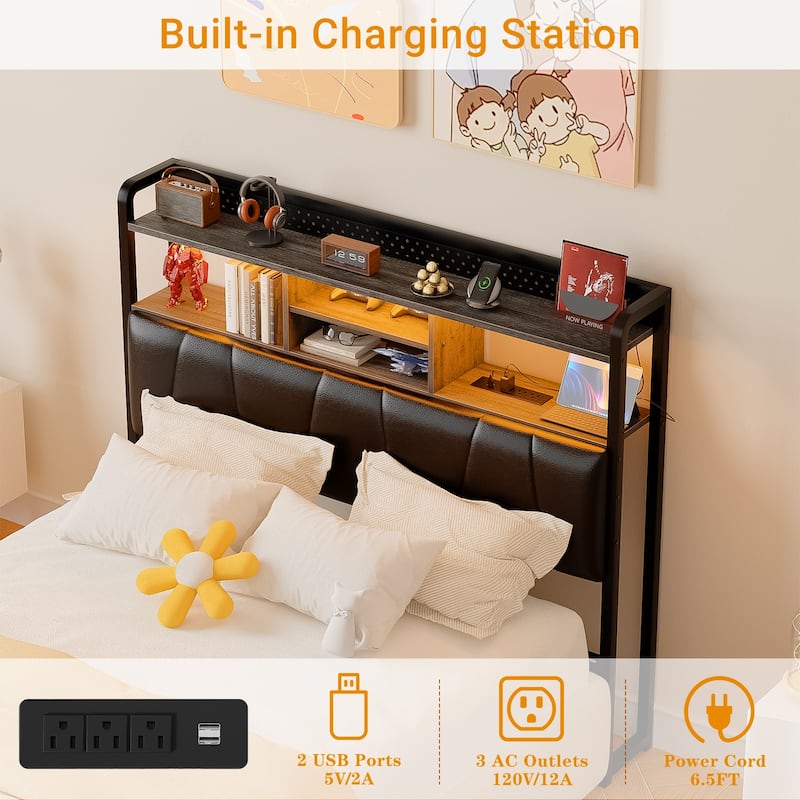 Upholstered Headboard with Pegboard and Charging Station, Storage Headboard Shelves and LED Light
