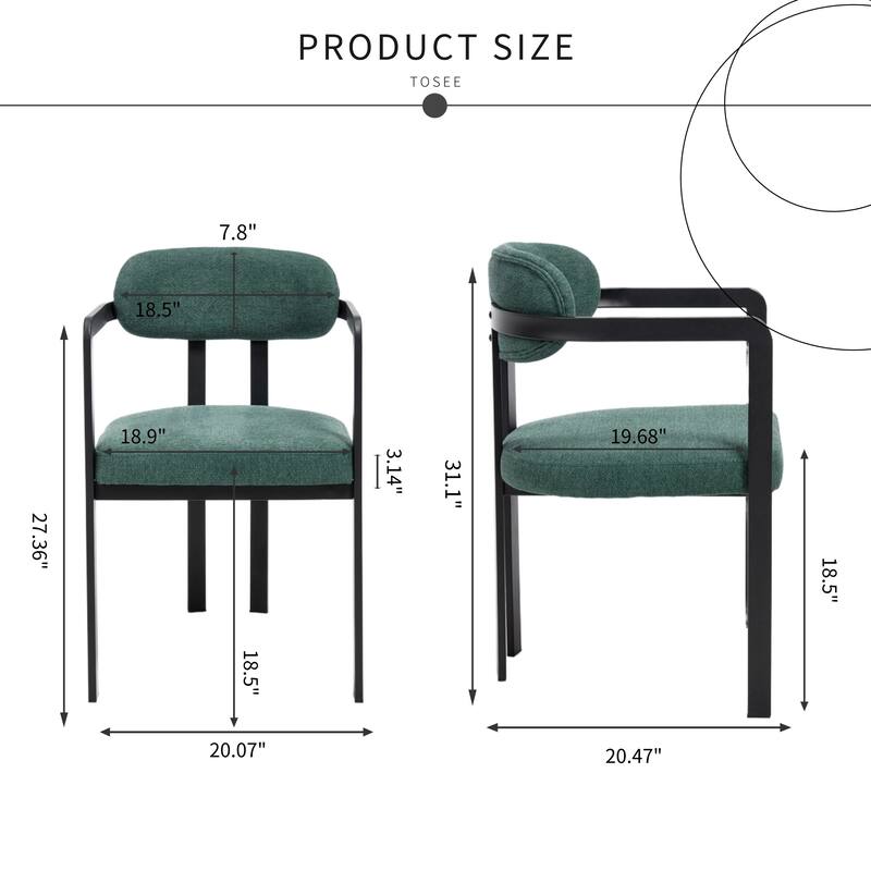 Modern Upholstered Dining Chairs Set of 2 with Black Metal Legs and Curved Backrest
