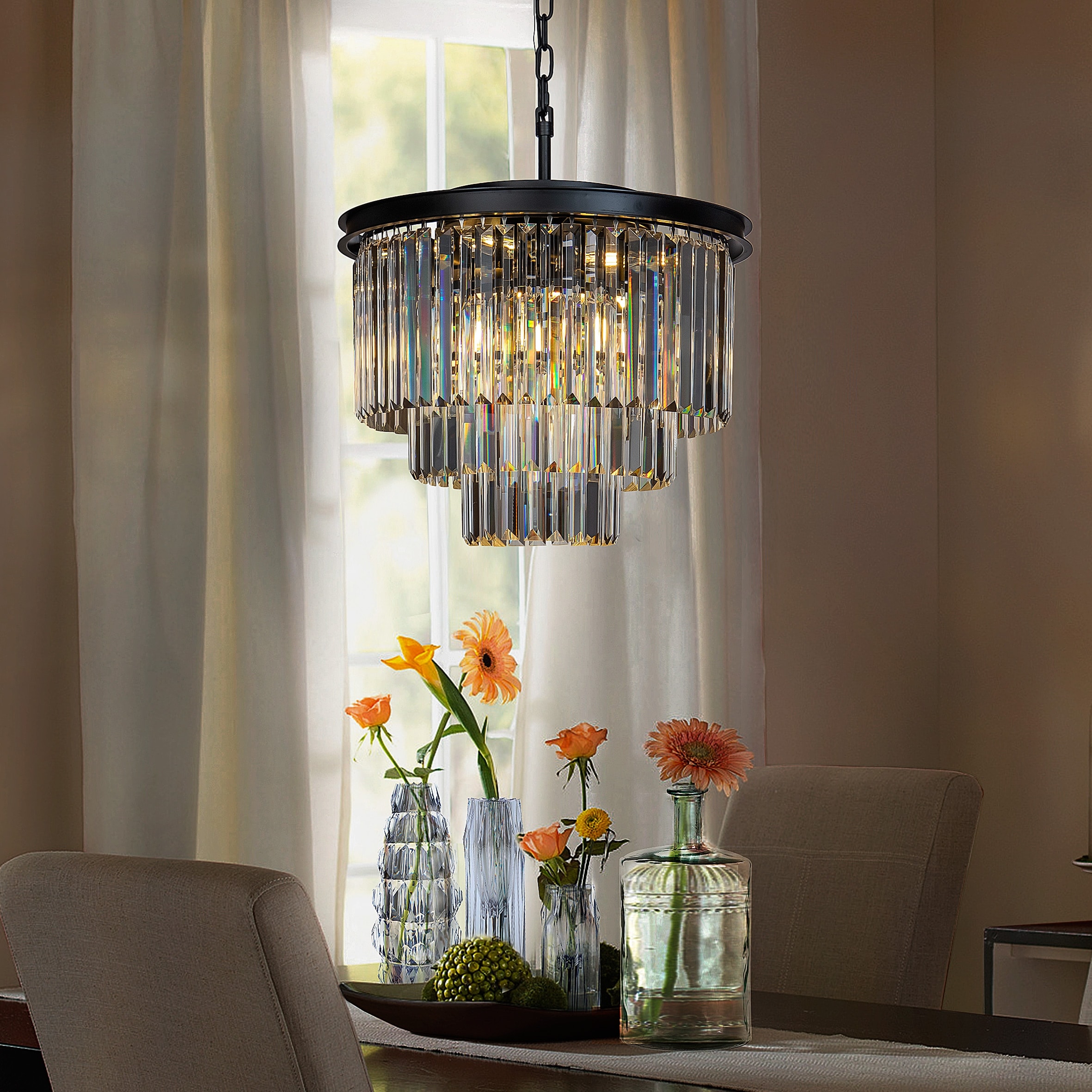 AloaDecor 6 Lights Mid Century Modern 3 Tier Round Fringe Crystal Chandelier Antique Gold 66 Polished Size 20