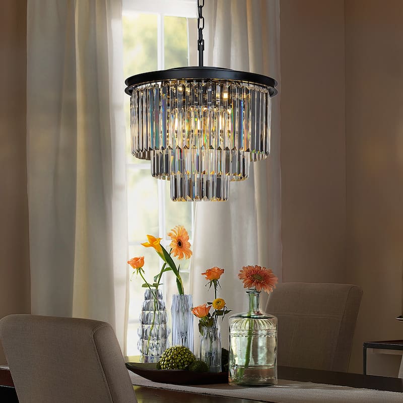 6-Lights Mid-Century Modern 3-Tier Round Fringe Crystal Chandelier